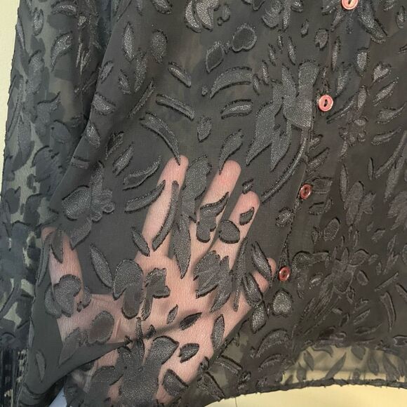 Libra Vintage Sheer Floral Textured Black Frill Cuff Button Up Blouse Medium - Picture 4 of 13